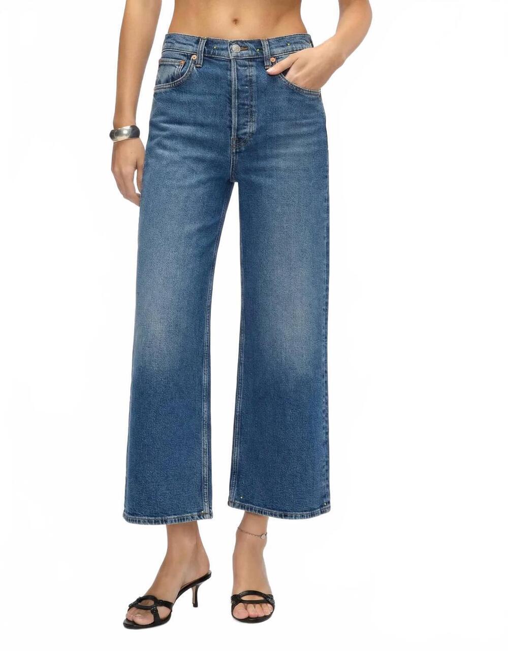 NEW RE/DONE women's high rise wide leg crop jean in mid 70s